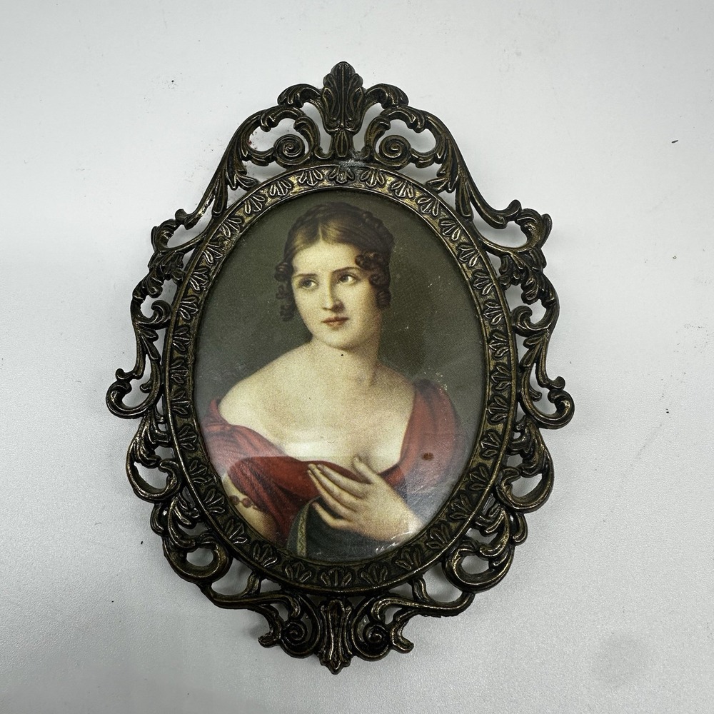 Vintage Victorian Lady's Portrait on Silk Ornate Brass Metal Frame Italy